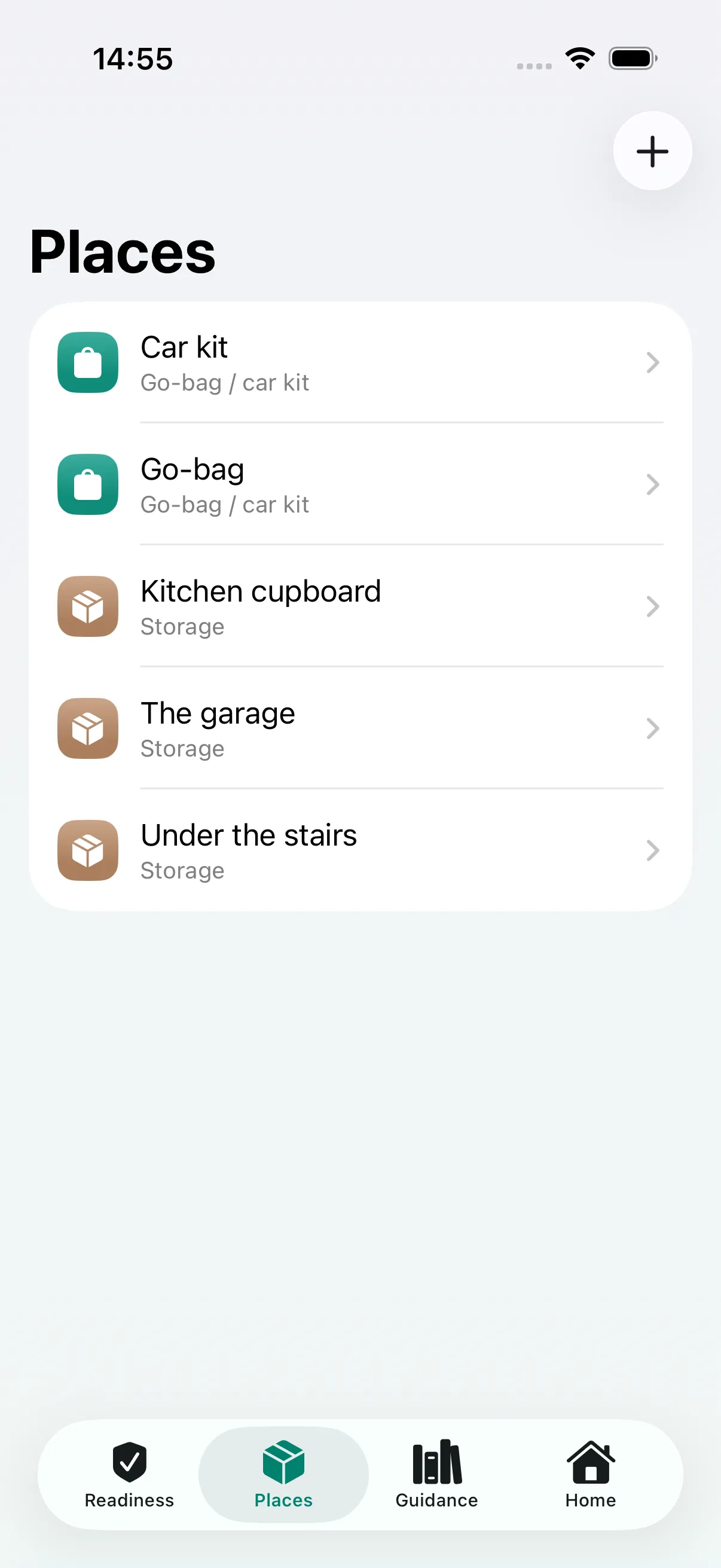 The places screen, listing where supplies are kept
